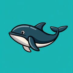 Fototapeta premium Cartoon dolphin illustration with smiling expression on solid teal background