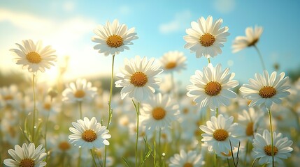 Fototapeta premium A field of white daisies in full bloom under a bright, sunny sky