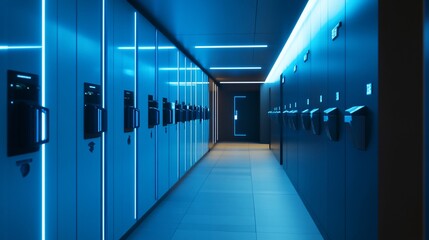 Futuristic Corridor with Blue Neon Lights and Lockers creating a sense of Sci-Fi
