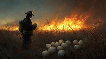 Firefighter Protecting Eggs During Wildfire . happy easter, funny animal, holiday celebration