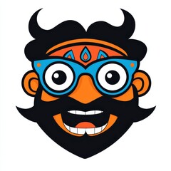 Naklejka premium Whimsical cartoon character with orange skin, black hair, and blue glasses smiling