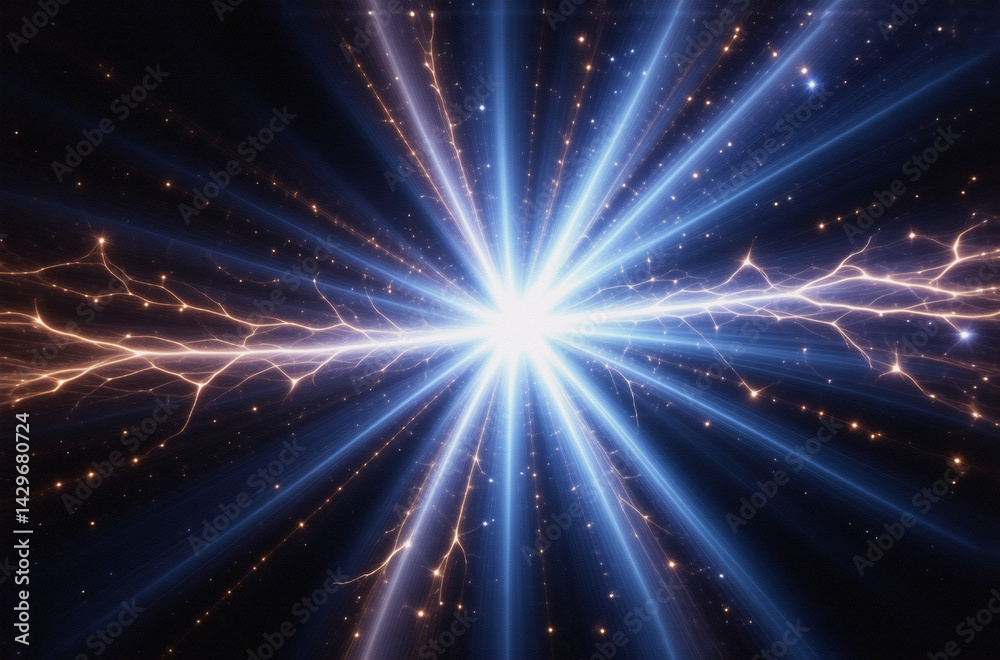 Leinwandbilder A radiant burst of light and energy explodes from a central point, branching into streaks of blue and orange across a dark, star-dusted backdrop.  The effect is cosmic and dynamic.