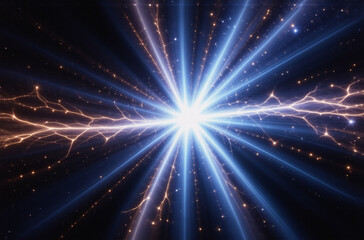 Naklejka premium A radiant burst of light and energy explodes from a central point, branching into streaks of blue and orange across a dark, star-dusted backdrop. The effect is cosmic and dynamic.