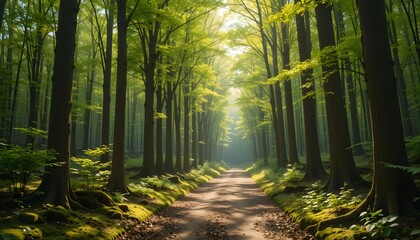 Naklejka premium A magical forest trail surrounded by vibrant green moss and tall trees under soft sunlight