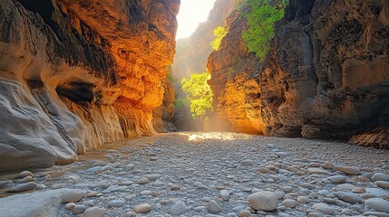 A hidden canyon with a narrow slot and sunlight filtering through from above
