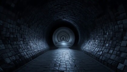 Mysterious tunnel passage with textured brickwork and vanishing perspective