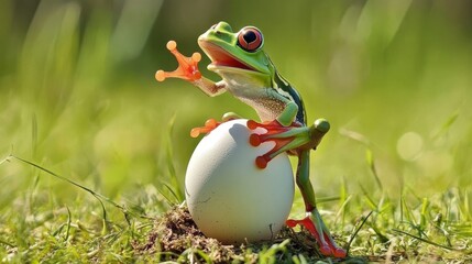 Vibrant Frog Nurturing Eggs in Nature . happy easter, funny animal, holiday celebration