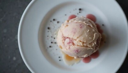 Delicious Scoop of Strawberry Ice Cream with sauce on white plate