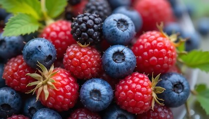 Mix of colorful berries, fresh from organic farming, top view shot