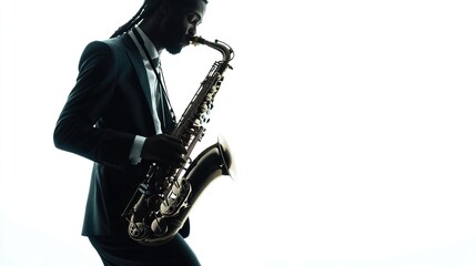 Fototapeta premium Saxophonist in silhouette playing alto saxophone.