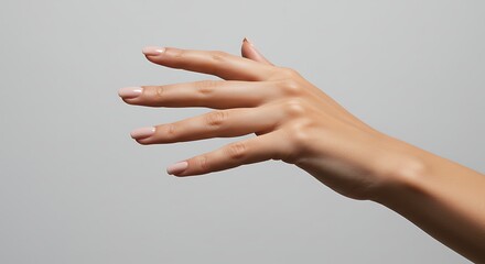 Elegant outstretched hand with soft pink manicure isolated on light backdrop