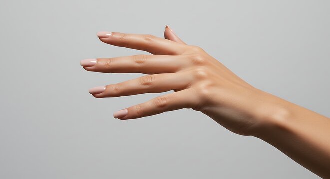 Elegant outstretched hand with soft pink manicure isolated on light backdrop