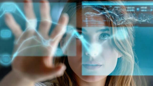 Woman Interacting with Holographic Interface: A focused woman with blonde hair interacts with a futuristic holographic interface, her hand reaching out to manipulate translucent digital data streams.