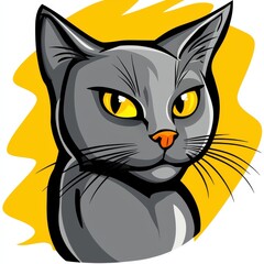 Cartoon illustration of a gray cat with yellow eyes and orange nose on a yellow background