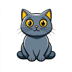 Obraz premium Cartoon illustration of a gray cat with yellow eyes and ears, sitting upright on a white background