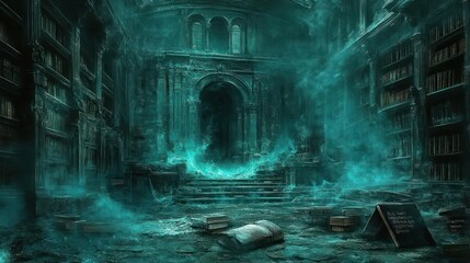 Mystical library, ancient, ethereal