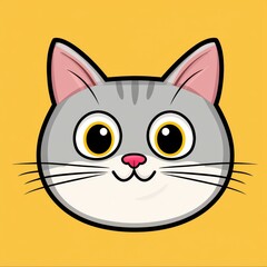 Obraz premium Cartoon cat face with large yellow eyes and gray fur on bright yellow background