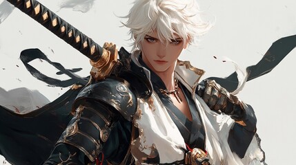 Young man, white hair, katana, samurai armor, fantasy art.