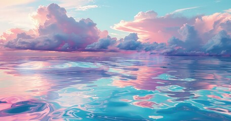 Fototapeta premium a realistic close up photo of the water of the sea where the sun and the clouds are reflected in. Blue and pink palette