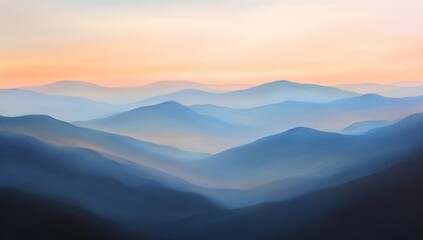 Obraz premium Misty mountain range at sunrise. Soft, pastel hues paint a tranquil landscape of layered peaks