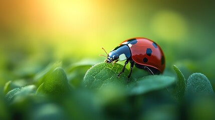 Fototapeta premium A peaceful scene of a ladybug crawling on a blade of green grass