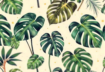 Floral background with Monstera leaves on white background