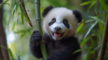 Obraz premium A playful panda cub climbing on bamboo stalks in a lush, green forest