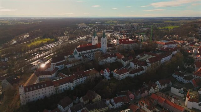 Freisinger Dom Germany, Bavaria aerial view in winter in sunny weather without snow. Dom St. Maria und St. Korbinian in Freising Deutschland, Bayern Luftaufnahme im Winter bei sonnigem Wetter. 