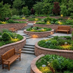 A beautifully landscaped terraced garden with stone walls, stairs, lush plants, benches, and subtle lighting. A serene and inviting outdoor space.