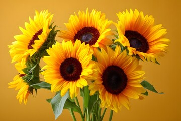 Fototapeta premium A bouquet of bright sunflowers with a yellow background