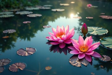 Intricate floral pattern reflected on calm lake surface, water lilies, water plants