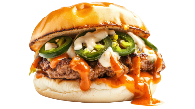 Delicious spicy burger with jalapenos and sauce.