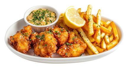 Crispy fried chicken with fries and sauce.