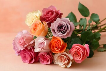 Naklejka premium A bunch of mixed roses on a pastel peach background