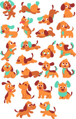 A collection of cartoon dachshund puppies in various playful poses and expressions.