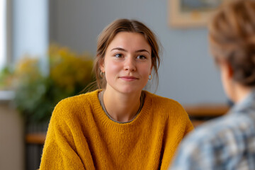 Teenage Caucasian girl sitting and talking with counselor in office, mental health awareness