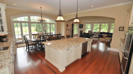 Fototapeta premium Spacious white kitchen with matching white pendant lights and marble countertops