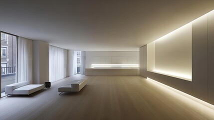 Obraz premium White kitchen with light wood flooring, simple wall dcor, and seamless finishes