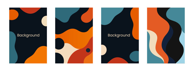 Set of abstract vector backgrounds with retro-inspired color palettes and flowing organic shapes, ideal for modern posters, flyers, or digital templates