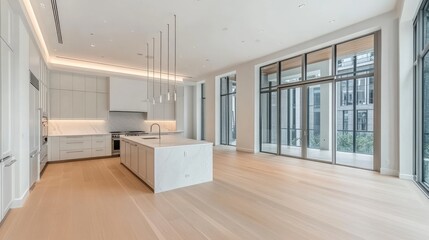 Obraz premium White modern kitchen with sleek cabinets and under-cabinet lighting on light wood floors