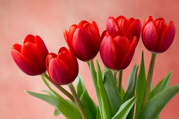 Fototapeta premium A bunch of vibrant red tulips on a soft coral background