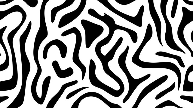 Seamless abstract zebra pattern with black wavy stripes on a white background, ideal for fashion design, textiles, wallpapers, and modern branding