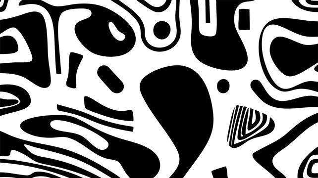 Abstract black and white pattern featuring irregular shapes, wavy lines, and bold high-contrast elements, perfect for backgrounds, prints, and contemporary design projects