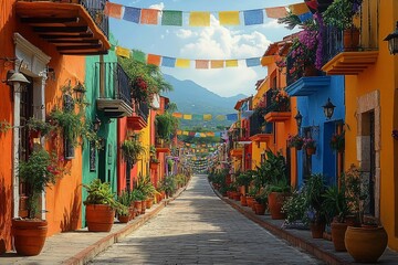 A vibrant, colorful street scene perfect for promoting cultural festivals like Independence Day and Cinco de Mayo, filled with mood and lively atmosphere.