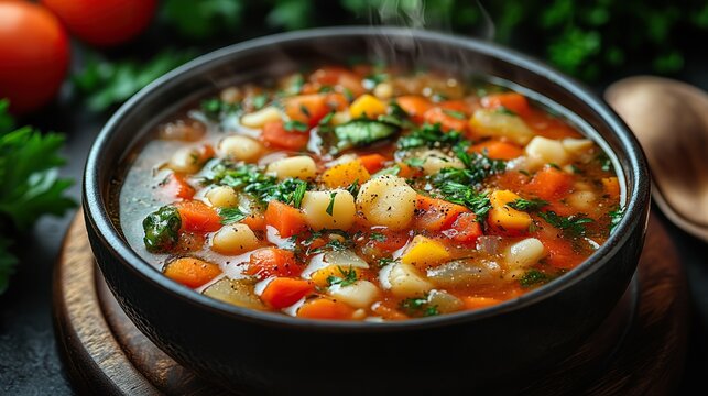 A steaming bowl of minestrone soup, a hearty Italian vegetable soup