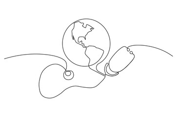 Continuous one line drawing of Earth with stethoscope. Single line drawing illustration of stethoscope attached to globe. World Health Day concept vector art. Doodle line illustration.