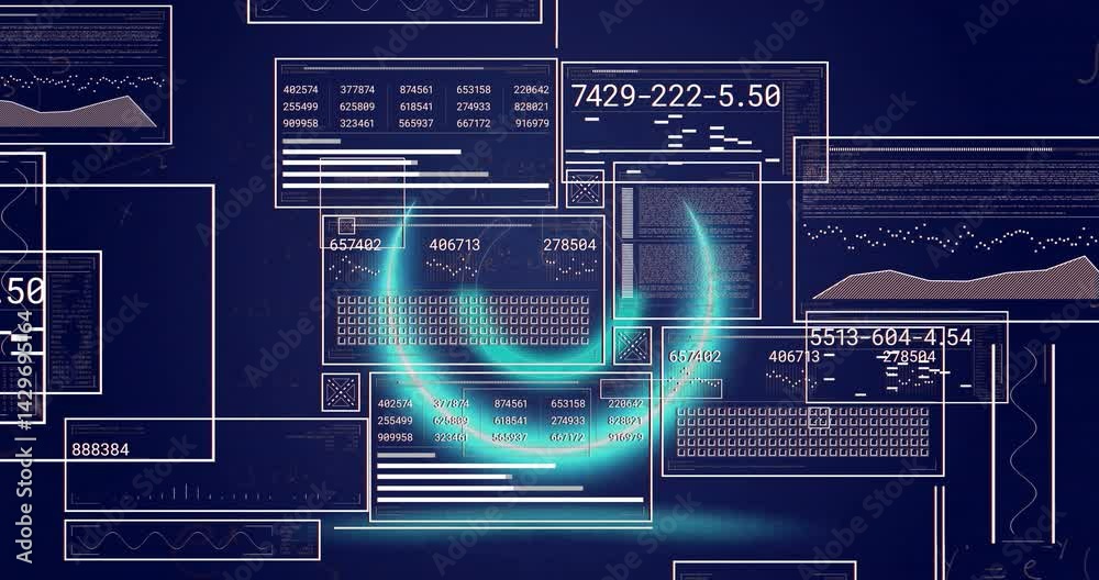 Poster central data panel displaying numeric tables and bar graphs floating over futuristic data dashboard