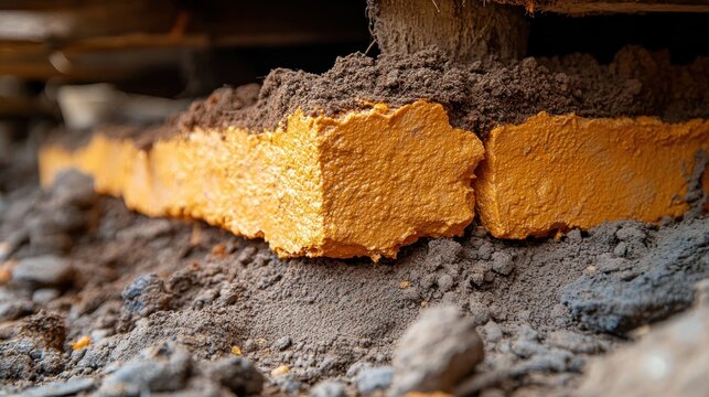 Yellow foundation blocks embedded in soil outdoors