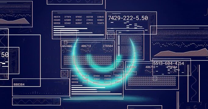 Central data panel displaying numeric tables and bar graphs floating over futuristic data dashboard
