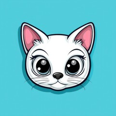 Cartoon illustration of a white cat with large black eyes and pink ears on a blue background